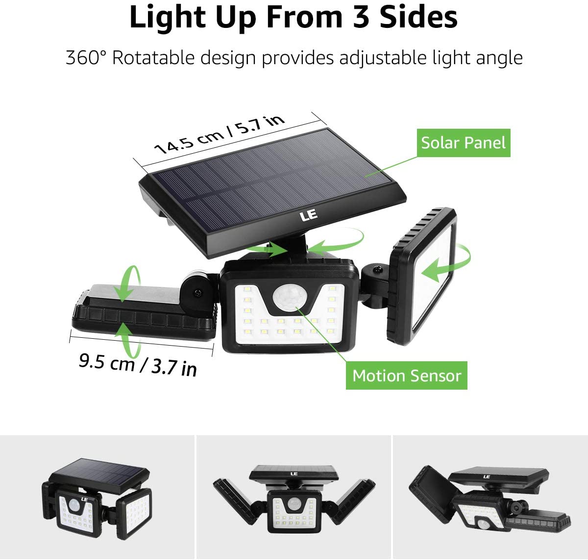 Yi Lighting， Outdoor Solar Security Light， Cordless LED Flood Light， 3 Adjustable Heads， Weatherproof 74 LEDs 800LM