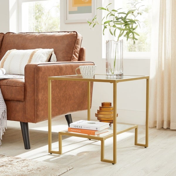 VASAGLE Square Sofa Side Table， Gold-colored， Tempered Glass， Steel Frame - 19.69