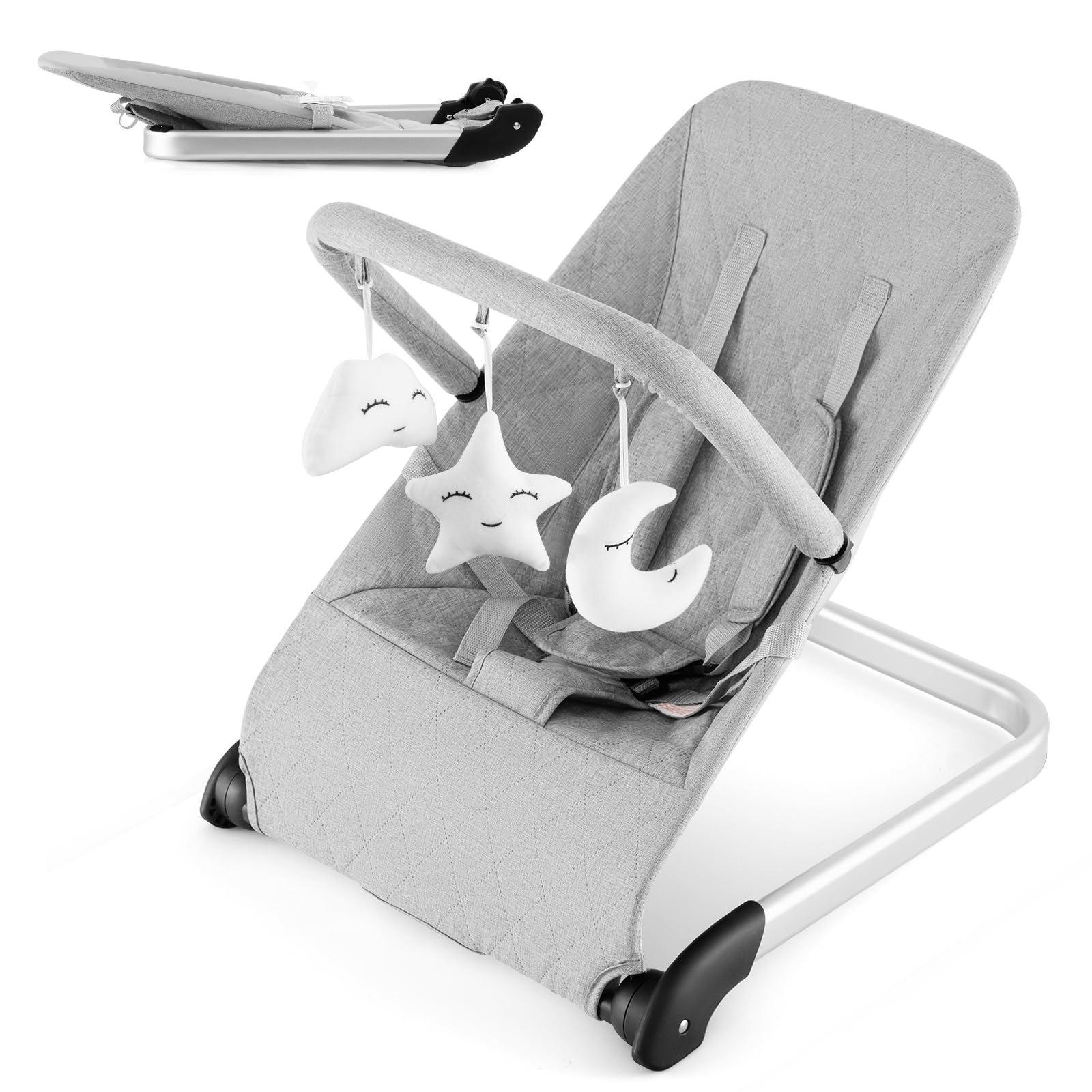 BABY JOY Baby Bouncer, Foldable Baby Rocker & Stationary Seat with 5-Point Safety Harness