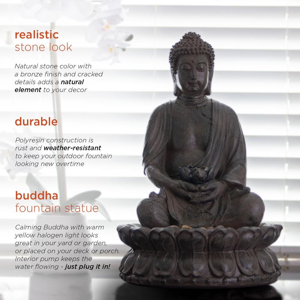 Alpine Corporation 19 in. Tall Indoor/Outdoor Tabletop Meditating Buddha with Lotus Flower Fountain with LED Light GEM178