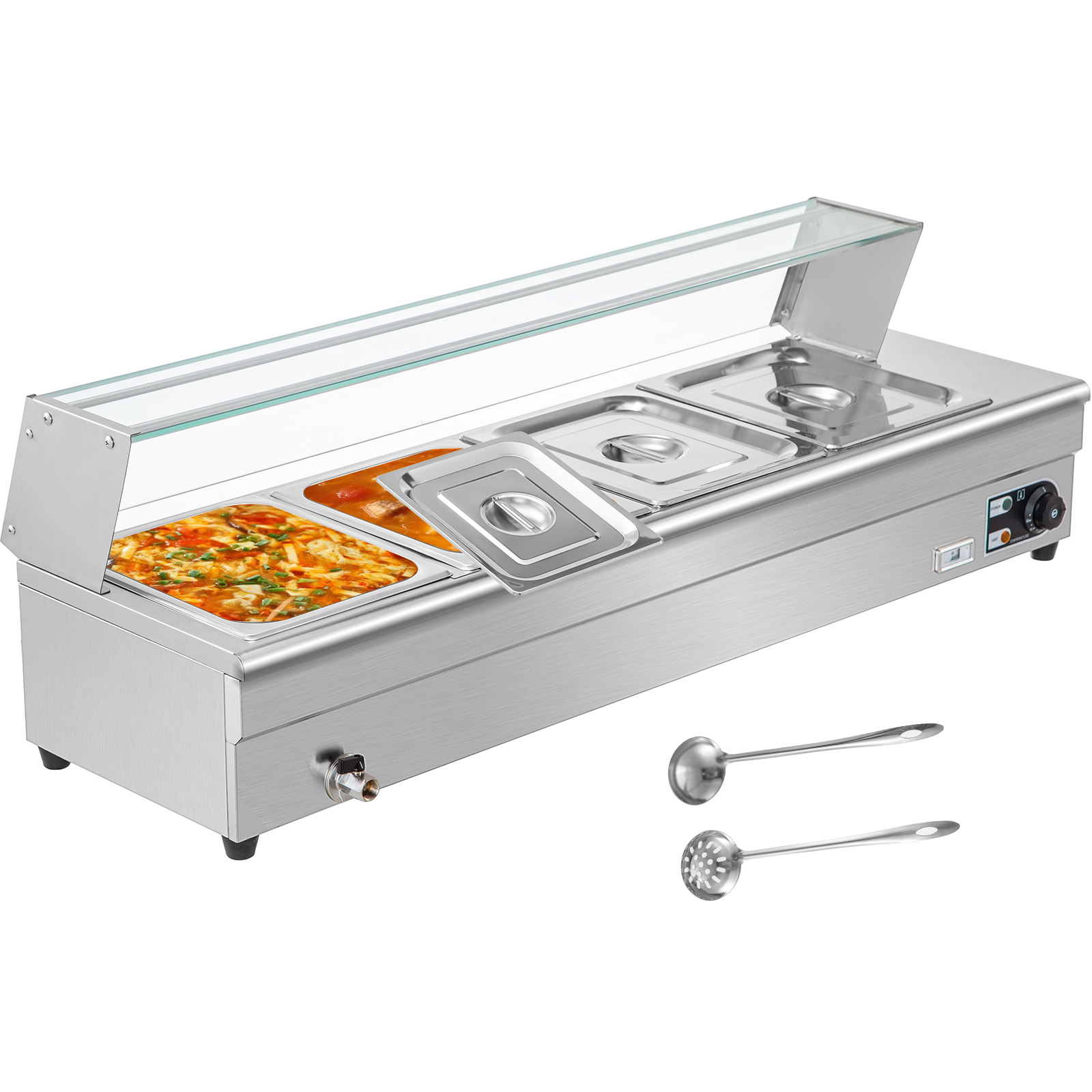 VEVORbrand Bain Marie Food Warmer 4 Pan x 1/2 GN， Food Grade Stainelss Steel Commercial Food Steam Table 6-Inch Deep， 1500W Electric Countertop Food Warmer 44 Quart with Tempered Glass Shield