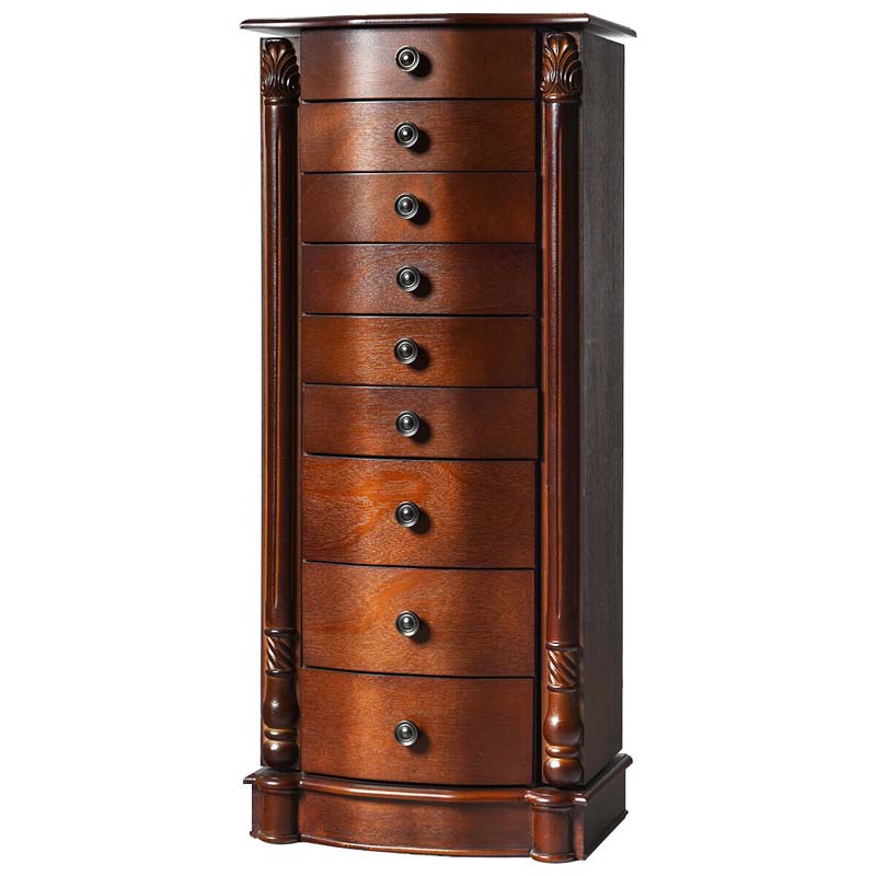 Dark Walnut Large Standing Jewelry Armoire Cabinet with 8 Drawers & 2 Swing Doors, 16 Hooks, Top Mirror Boxes