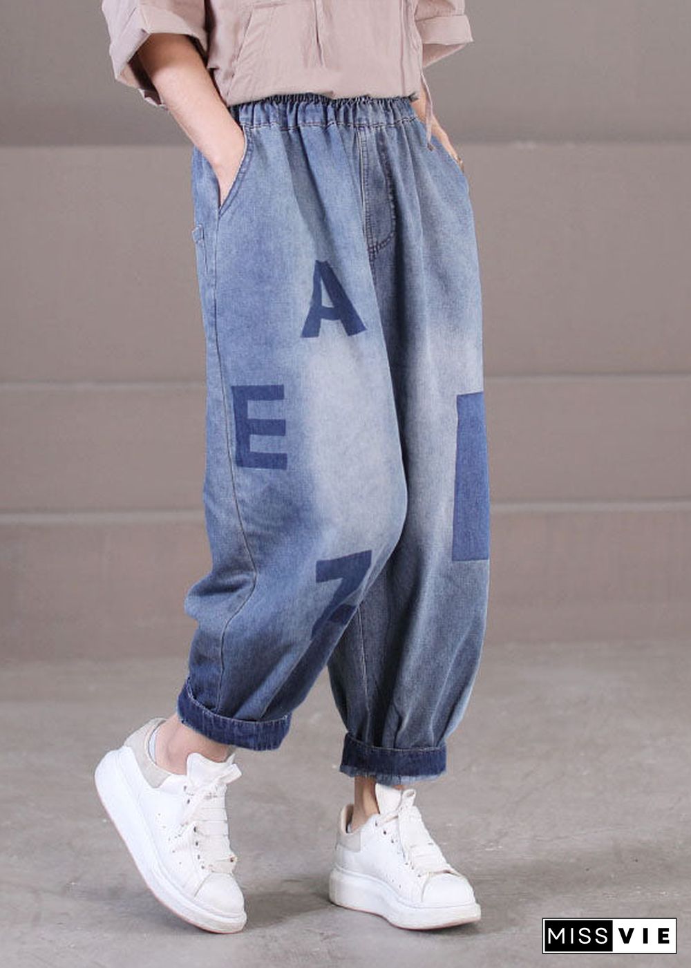 Loose Blue Elastic Waist Pockets Letter Print Cotton Denim Harem Pants Summer