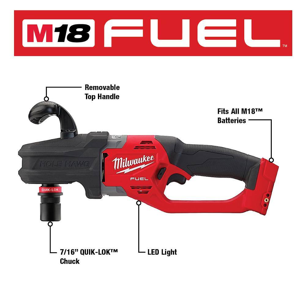 MW M18 FUEL 18-Volt Lithium-Ion Brushless Cordless Hole Hawg 716 in. Right Angle Drill with Quick-Lok XC 5.0 Ah Battery 2808-20-48-11-1850