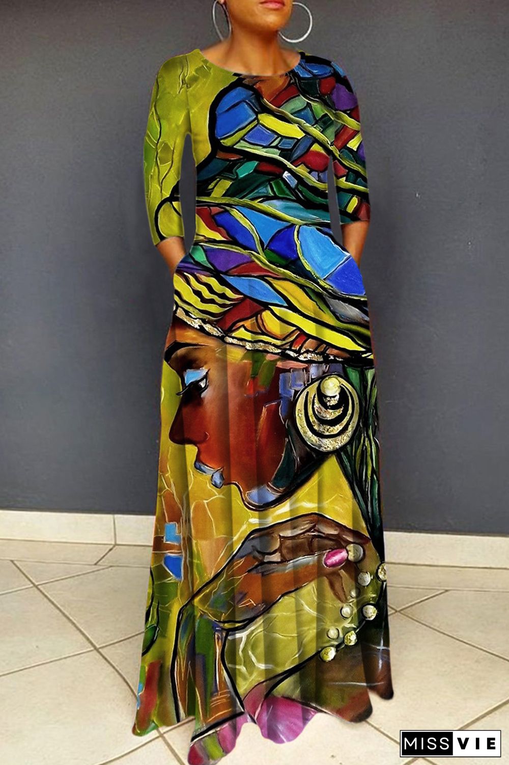 Casual Print Basic O Neck Long Dress Dresses