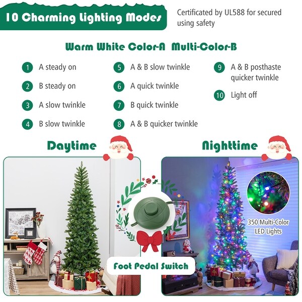 Gymax 7.5FT Hinged Prelit Christmas Slim Pencil Tree w/ 10 Lighting