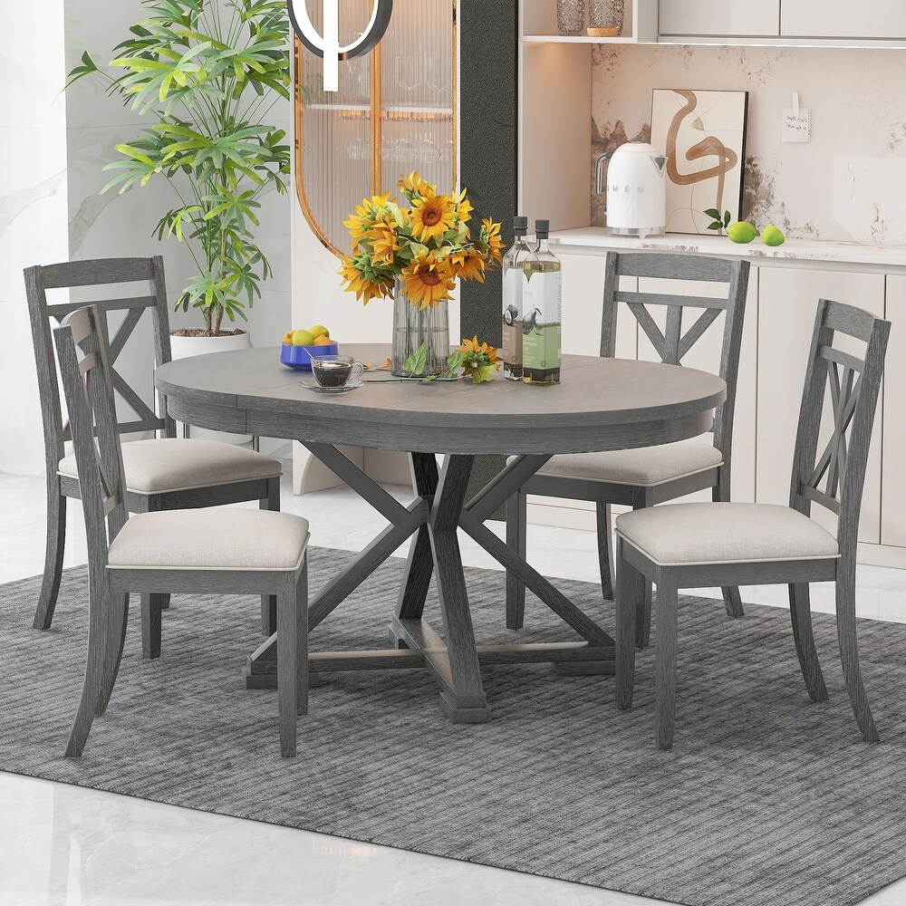 Classic 5 Piece Extendable Dining Set with 54 in Adjustable Oval Dining Table and Upholstered Dining Chairs  for Dining Room