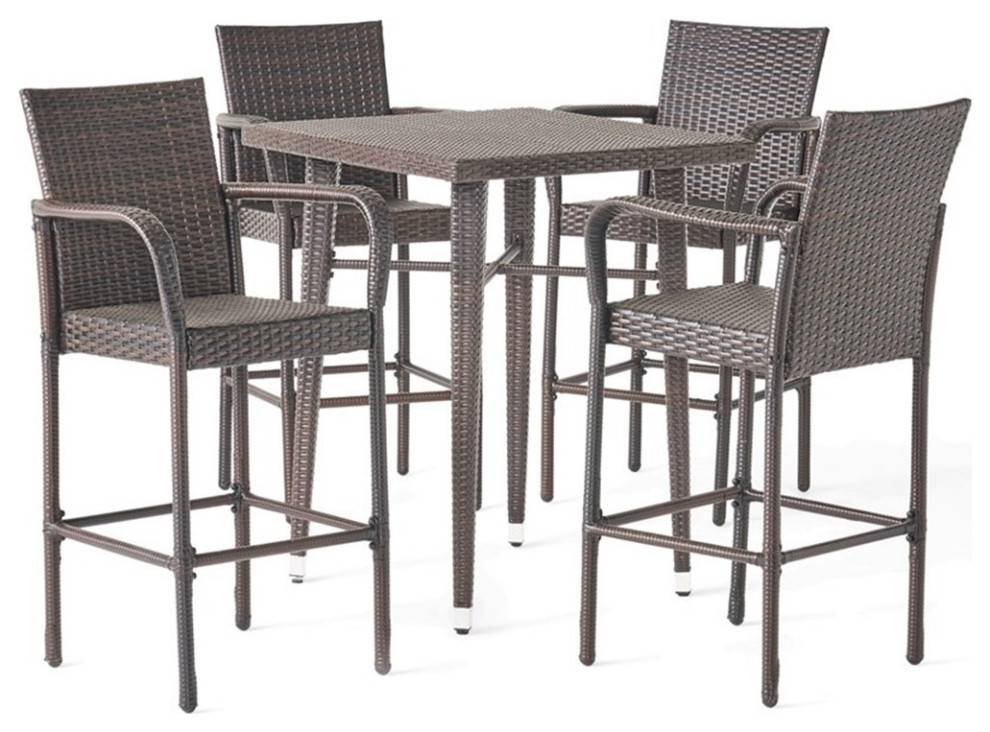 Noble House Colbin Outdoor 5 Pc Multi Brown Wicker 32.5 quotSquare Bar Table Set   Tropical   Outdoor Dining Sets   by Homesquare  Houzz