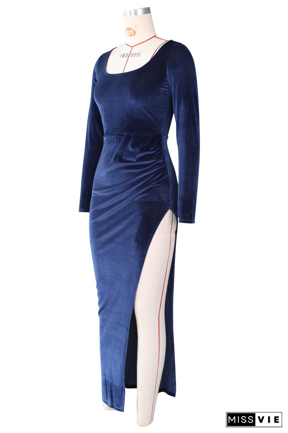 Velvet Long Sleeve High Slit Evening Dress