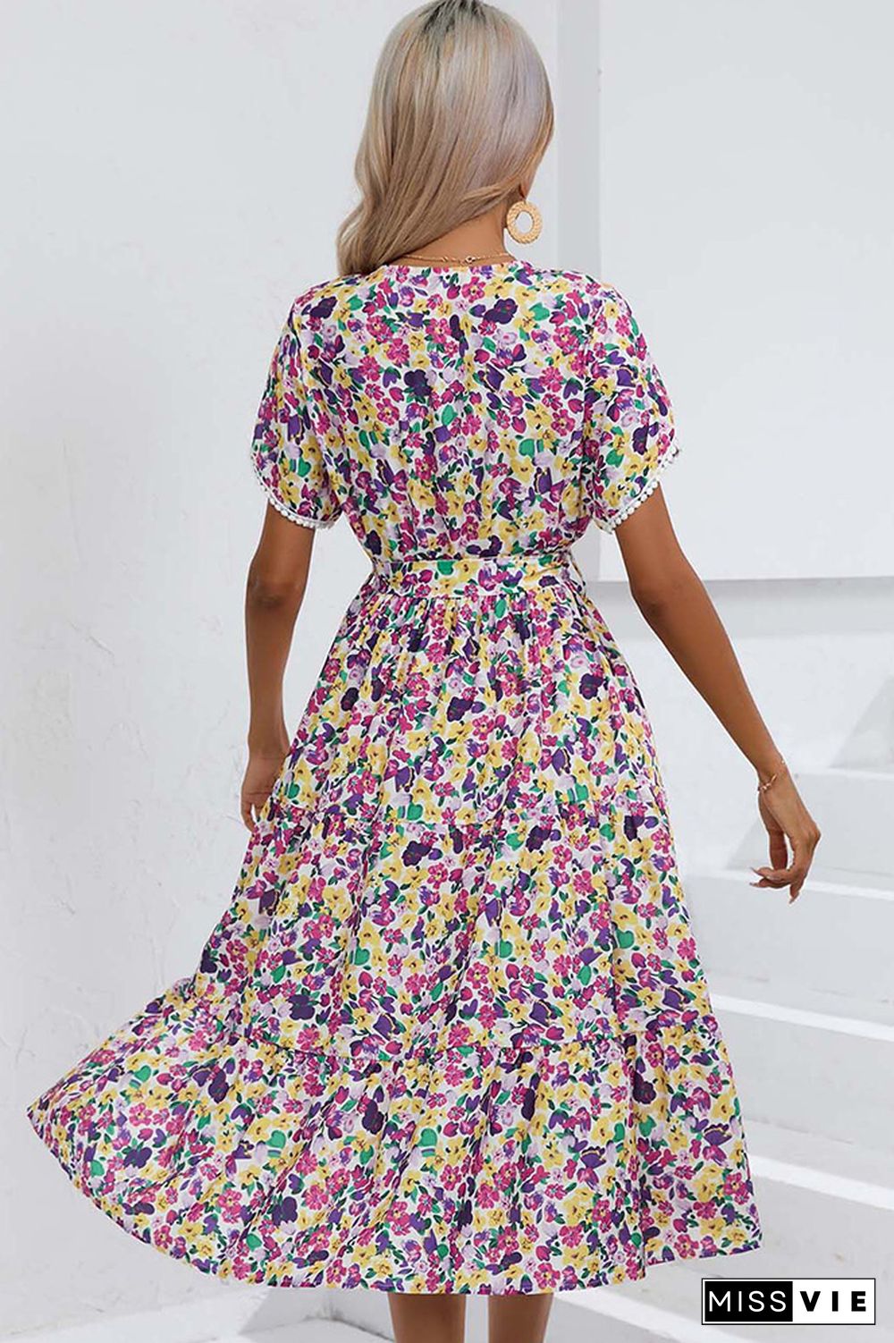 Wrap V Neck Tulip Sleeves Maxi Floral Dress