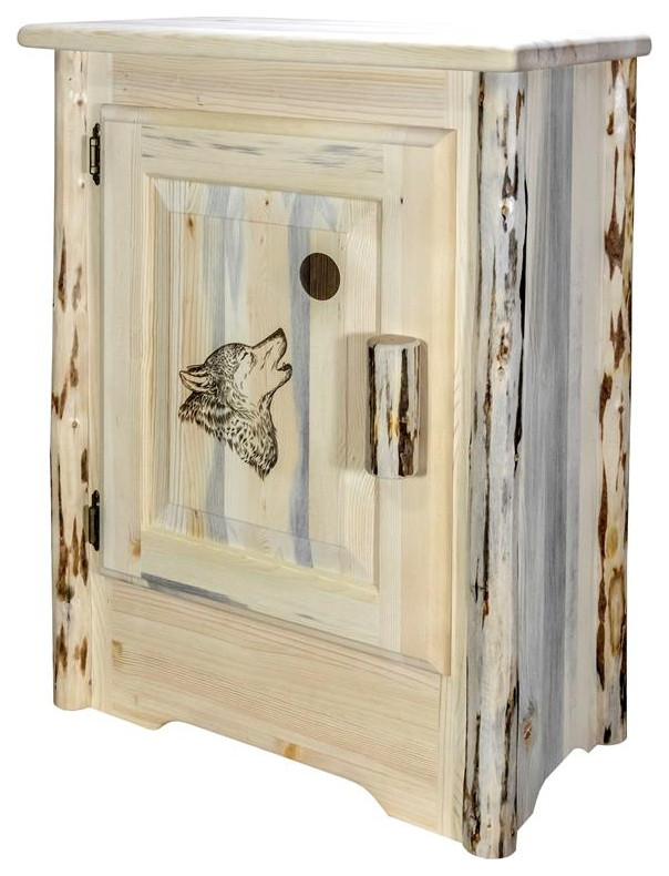 Montana Woodworks Wood Accent Cabinet with Engraved Wolf in Natural   Rustic   Accent Chests And Cabinets   by Homesquare  Houzz