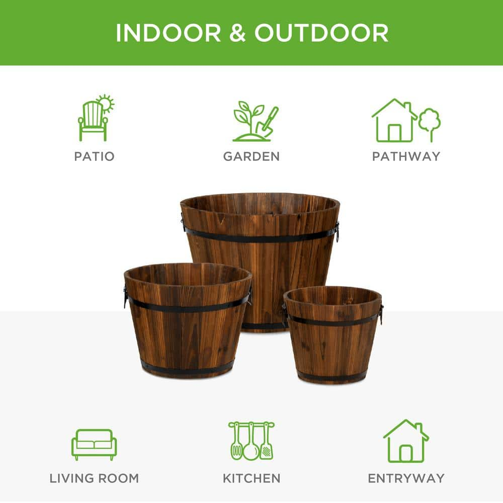 Best Choice Products Rustic Wood Bucket Planter Set with Drainage Holes (3-Pack) SKY3306