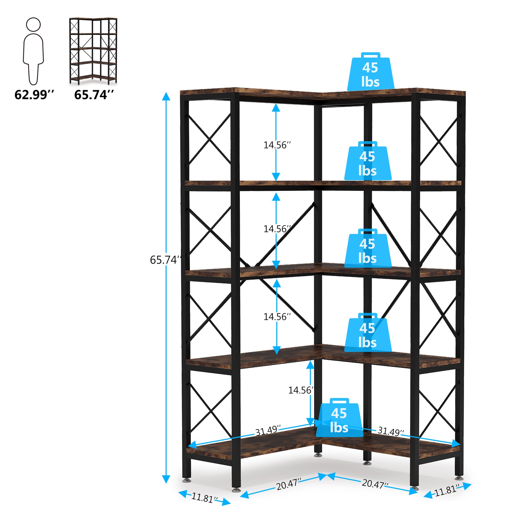 5-Shelf Corner Bookshelf, 65.7 Corner Etagere Bookcase Corner Display Rack