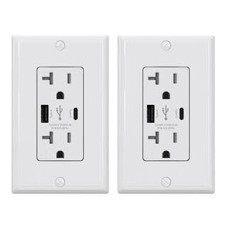 ELEGRP 25-Watt 20 Amp Type A  C Dual USB Wall Charger with Duplex Tamper Resistant Outlet Wall Plate Included White (2-Pack) R1820D50AC-WH2-SW