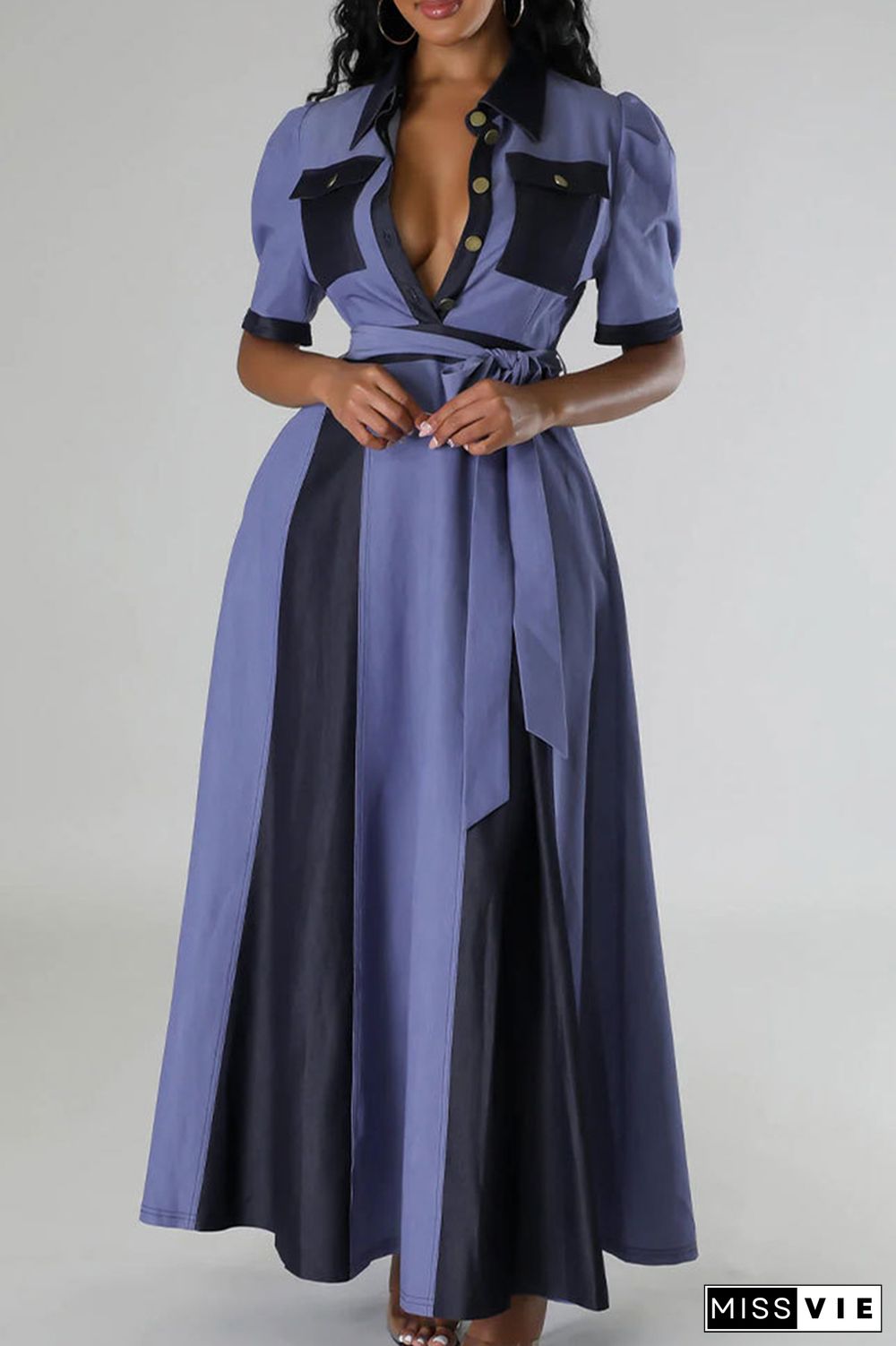 Blue Casual Color Block Bandage Patchwork Pocket Buckle V Neck Long Dress Dresses