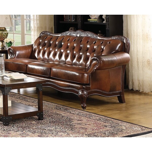 Wood and Leather Sofa in Warm Brown Finish