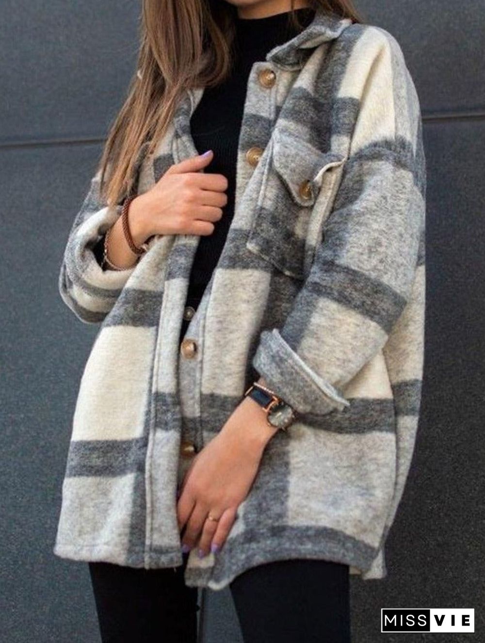 Long Sleeve Lapel Loose Plaid Casual Jacket