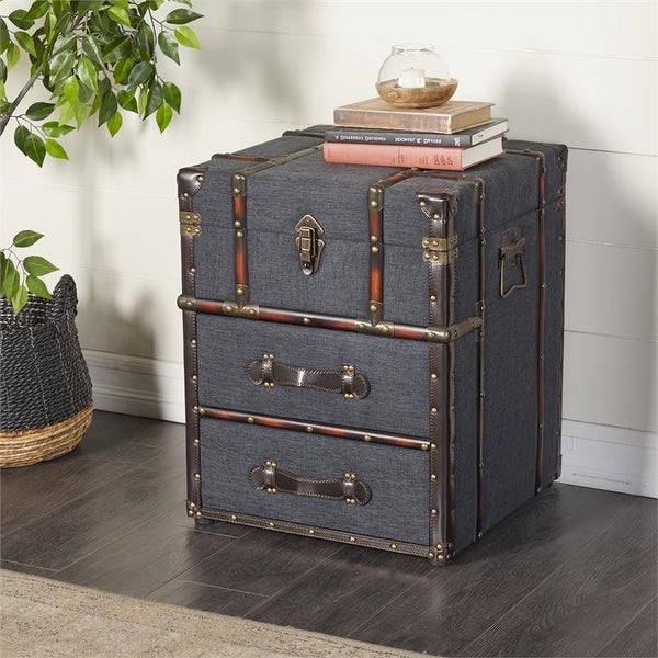 Vintage Vibes Grey Linen And Wood Trunk Accent Side End Table