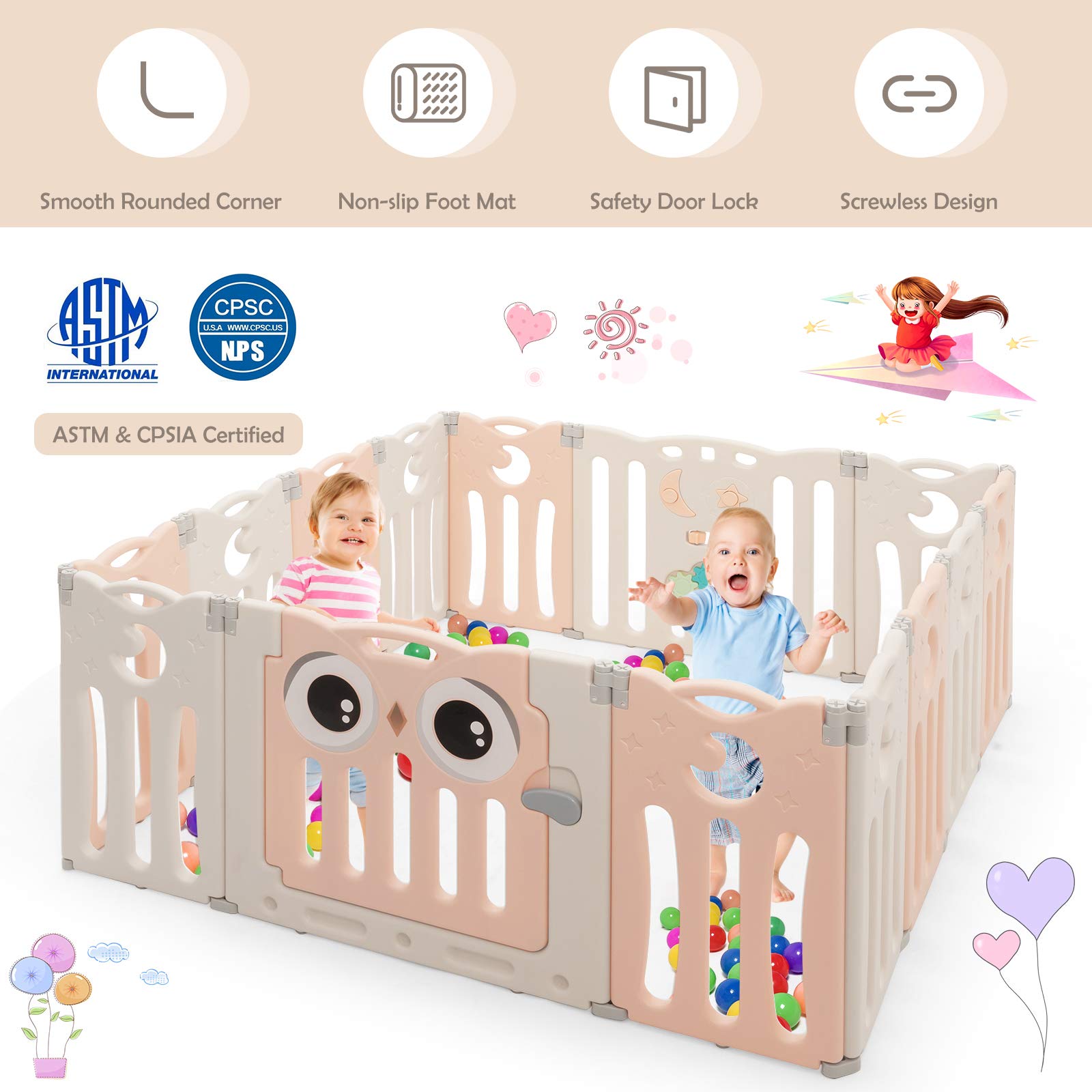 Costzon Foldable Baby Playpen, 14-Panel Baby Fence with Lock Door