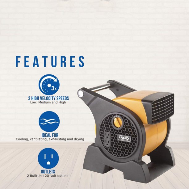 Lasko Pro Performance High-Velocity Utility Fan With Integrated Power Outlets