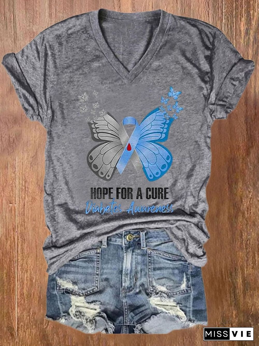 Women's Casual Hope For A Cure Diabetes Awareness Printed Short Sleeve T-Shirt