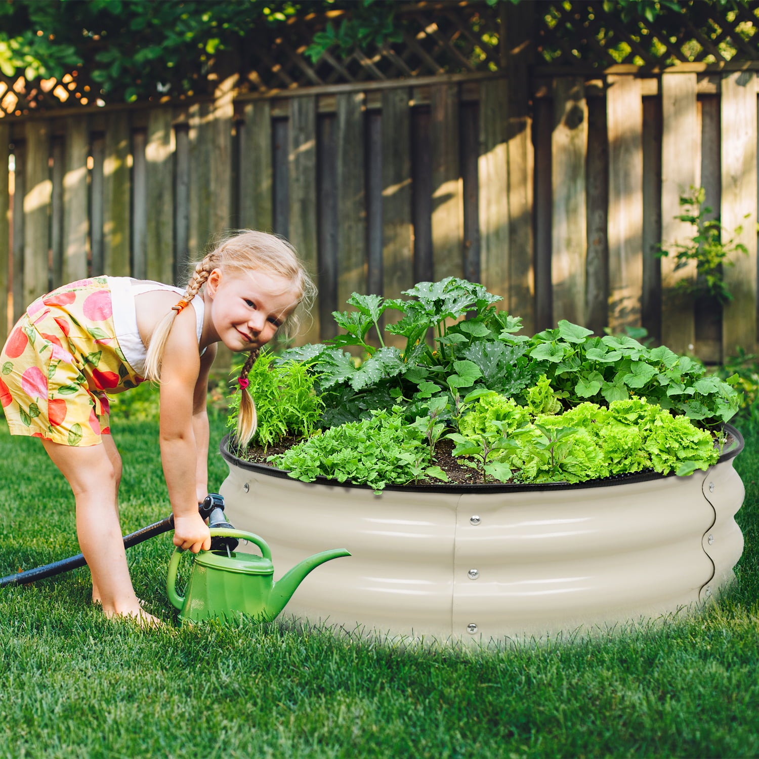 Aoodor 9'' Tall Aluzinc Metal Raised Garden Bed 30'' Round, Outdoor Garden Planter Box Beige Set of 2