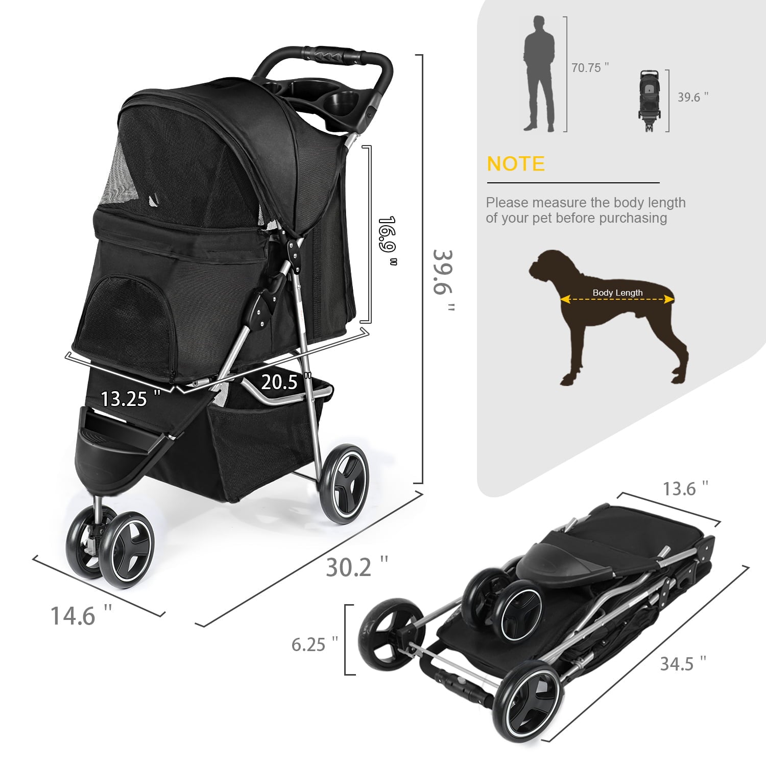 Pet Dog Stroller， Wedyvko 3 Wheels Foldable Dogs and Cat Strollers with Storage Basket and Cup Holder for Small and Medium Cats， Dogs， Puppies (Black)