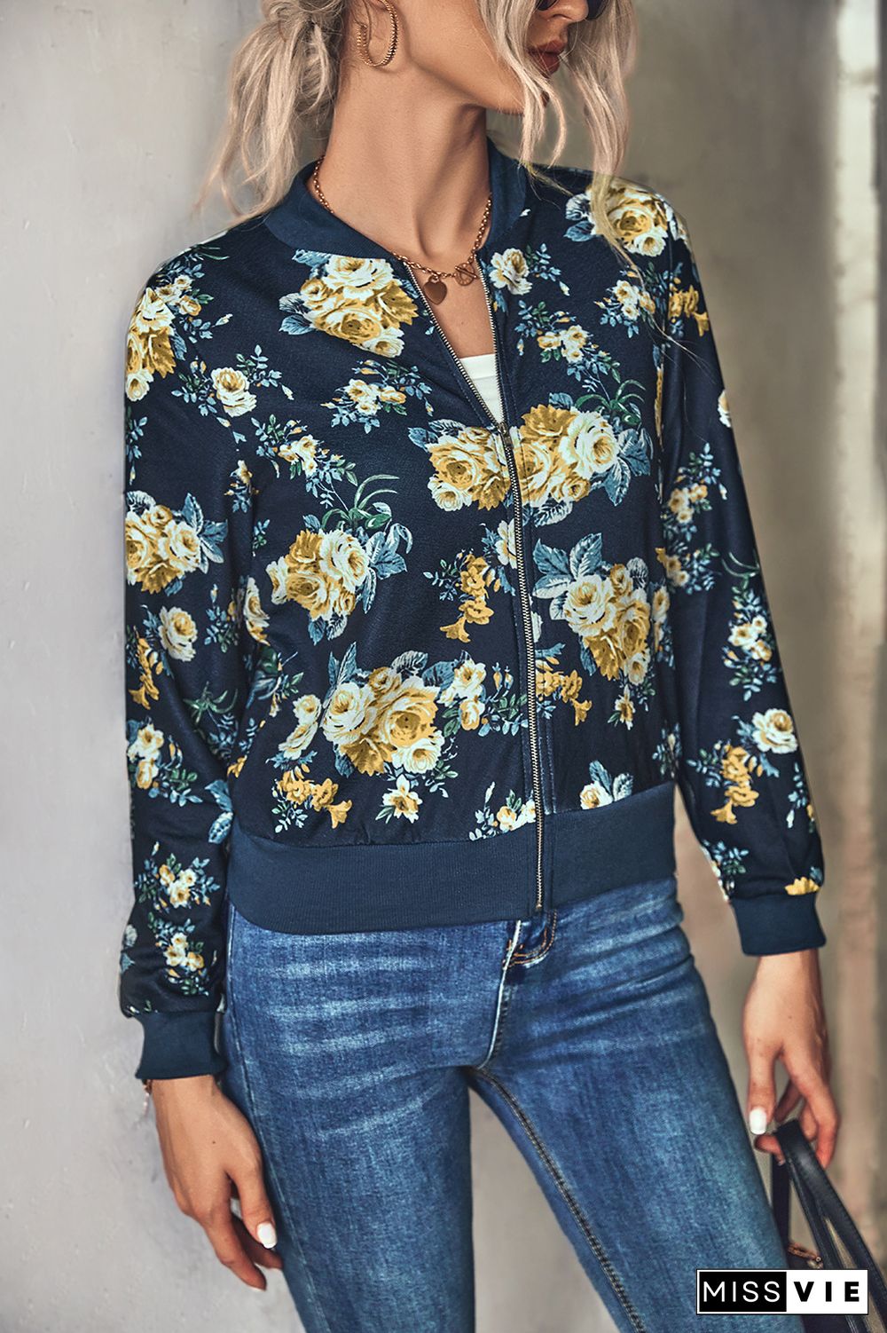 Front Open Zipper Floral Print Jackets