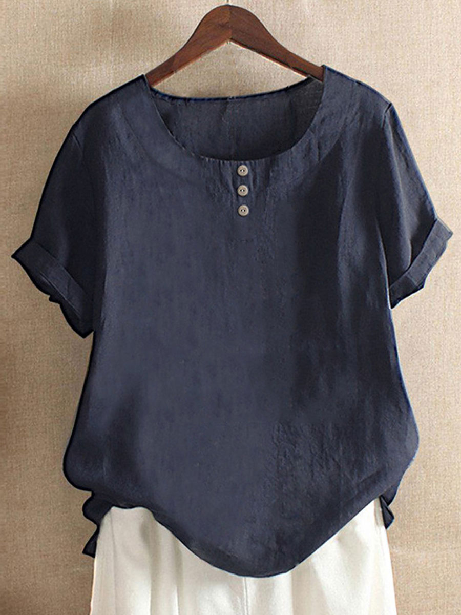 Round Neck Casual Loose Solid Color Summer Short-sleeved Blouse