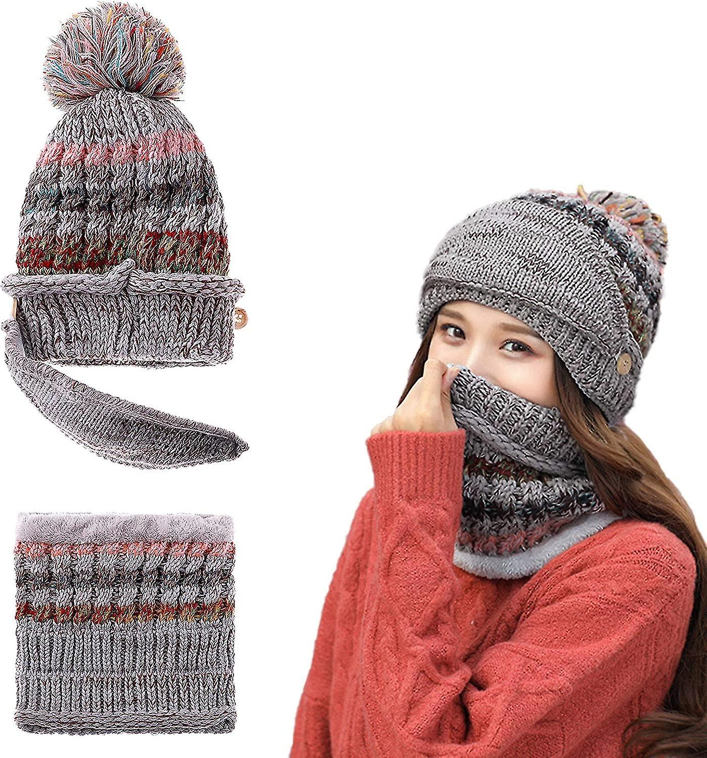 Womens Beanie Hat Scarf Set Fleece Lined Winter Hat For Women Thicken Crochet