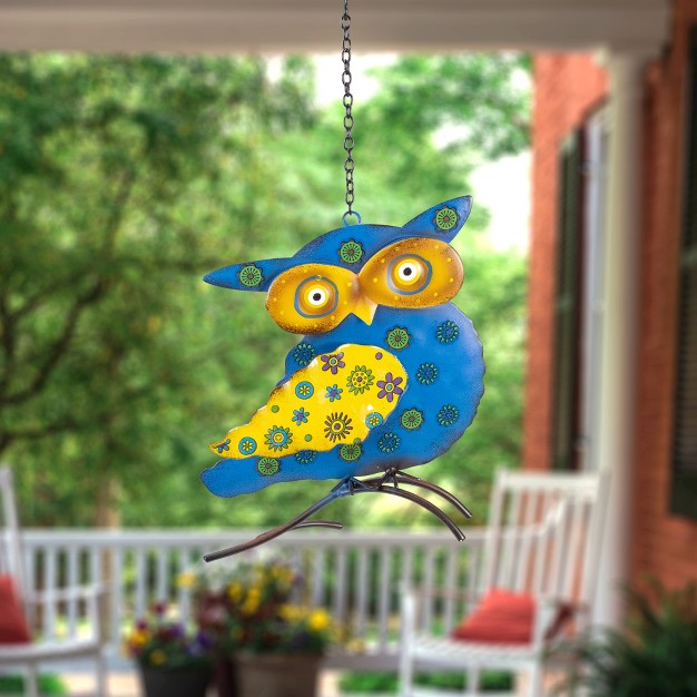 Blue And Yellow Metal Owl Outdoor Wall Hanging