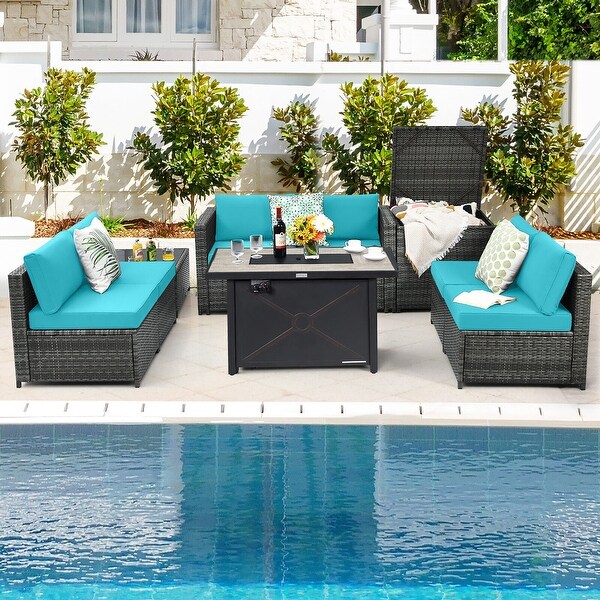 Gymax 9 PCS Patio Rattan Furniture Set Fire Pit Table Storage Black W/