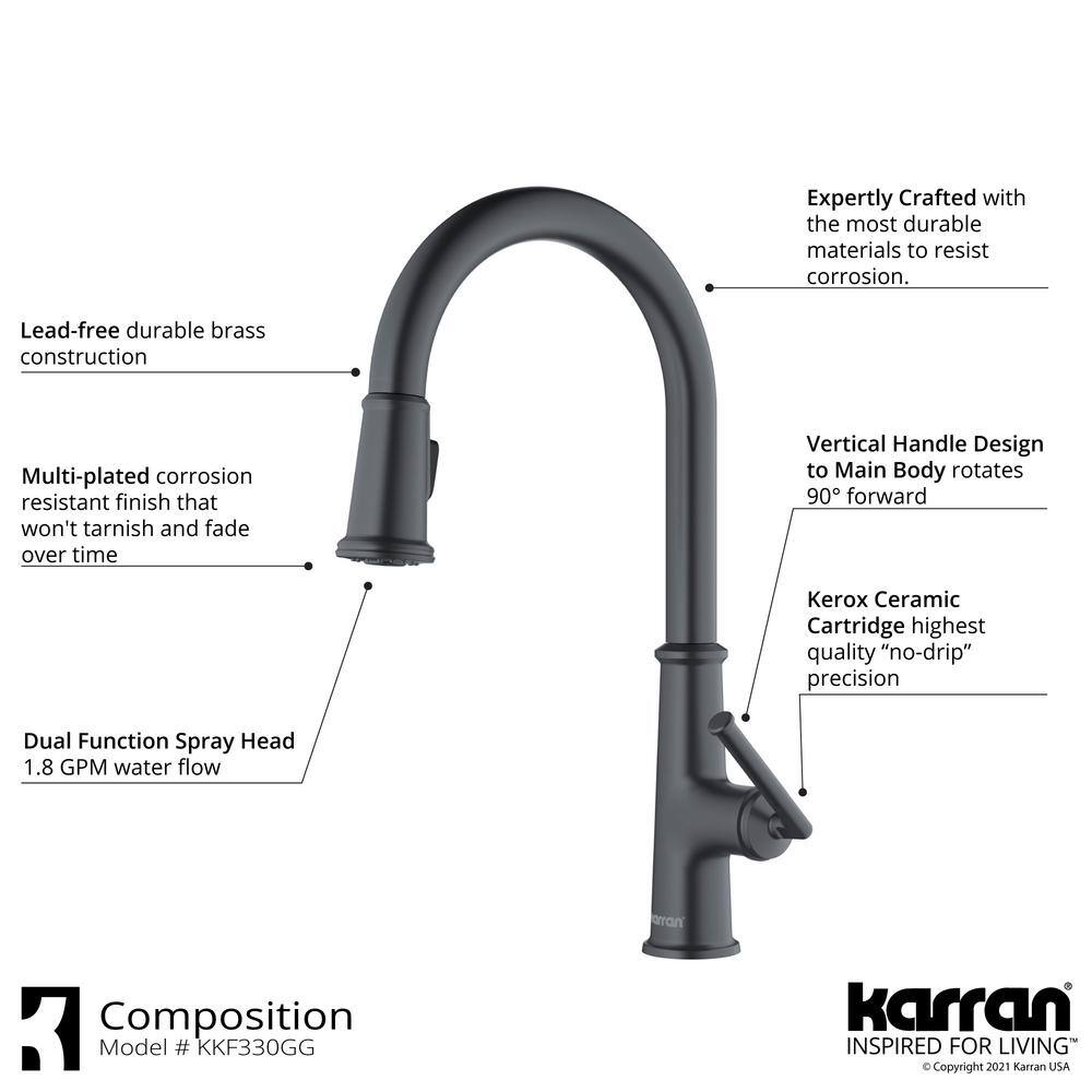 Karran Elwood Single Handle Pull Down Sprayer Kitchen Faucet in Gunmetal Grey KKF330GG