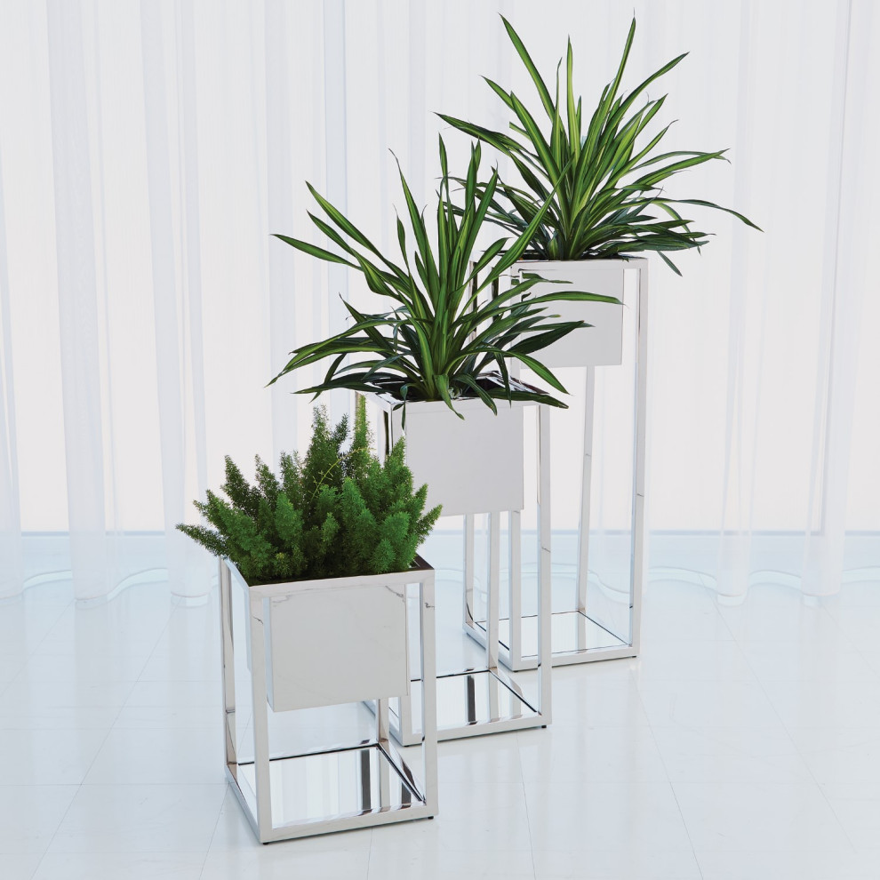 Minimalist Mirrored Square Silver Metal Pedestal Stand  Table Planter Open 20 quot  Contemporary   Plant Stands And Telephone Tables   by My Swanky Home  Houzz