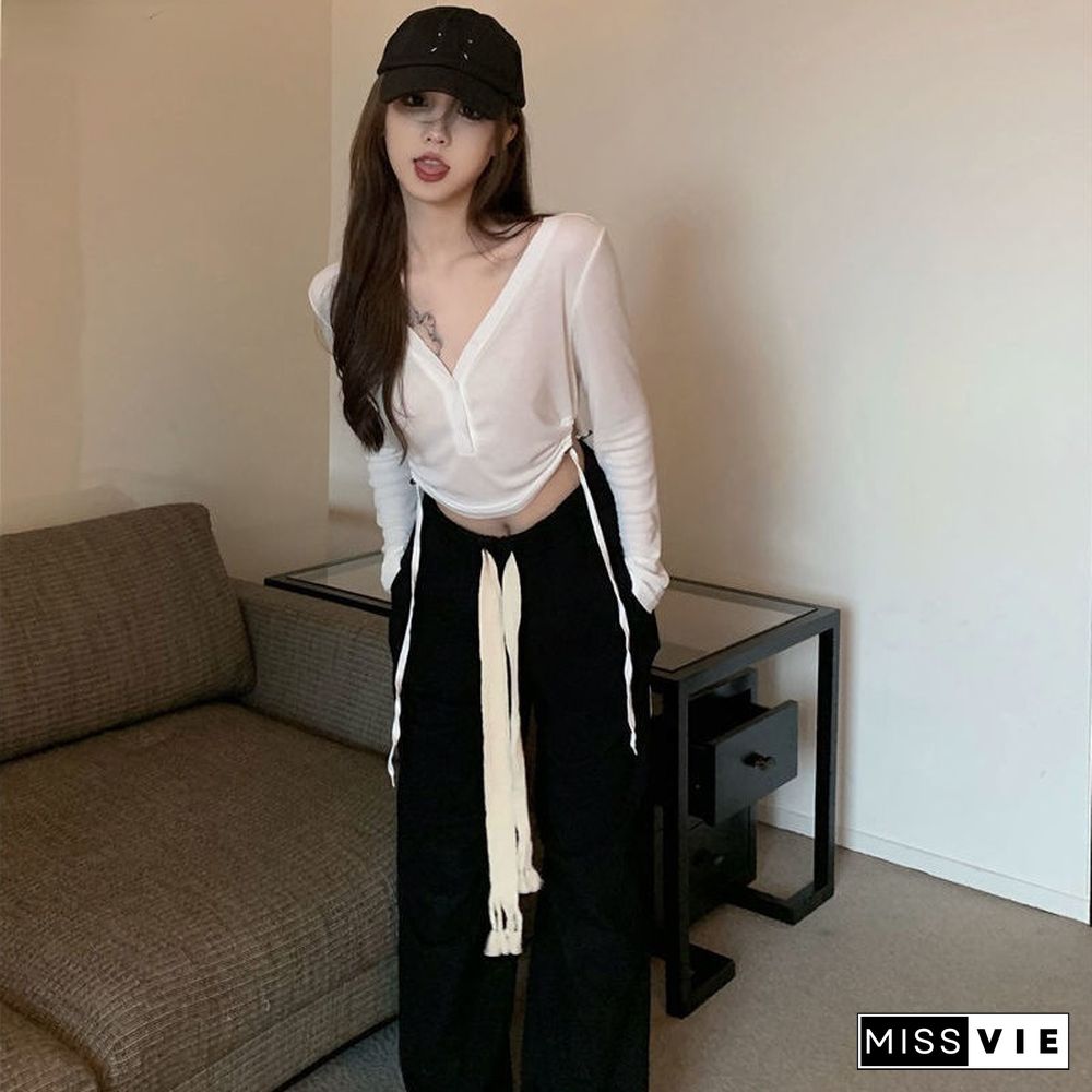 Sets Women 2 Pieces Cropped V-Neck Long Sleeve Tops Wide Leg Drawstring Pants Casual Fashion Streetwear Ulzzang All-Match Soft