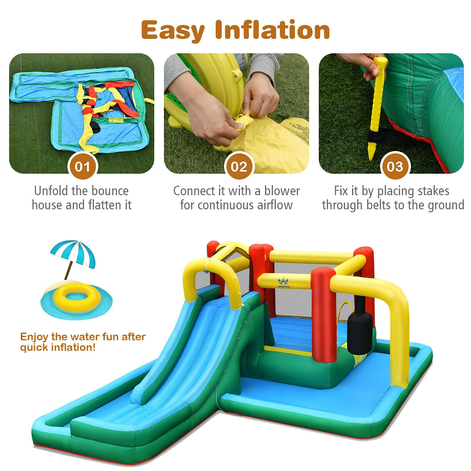 BOUNTECH 6-in-1 Kids Water Bounce House Jumping Castle for Wet Dry Combo with Long Slide