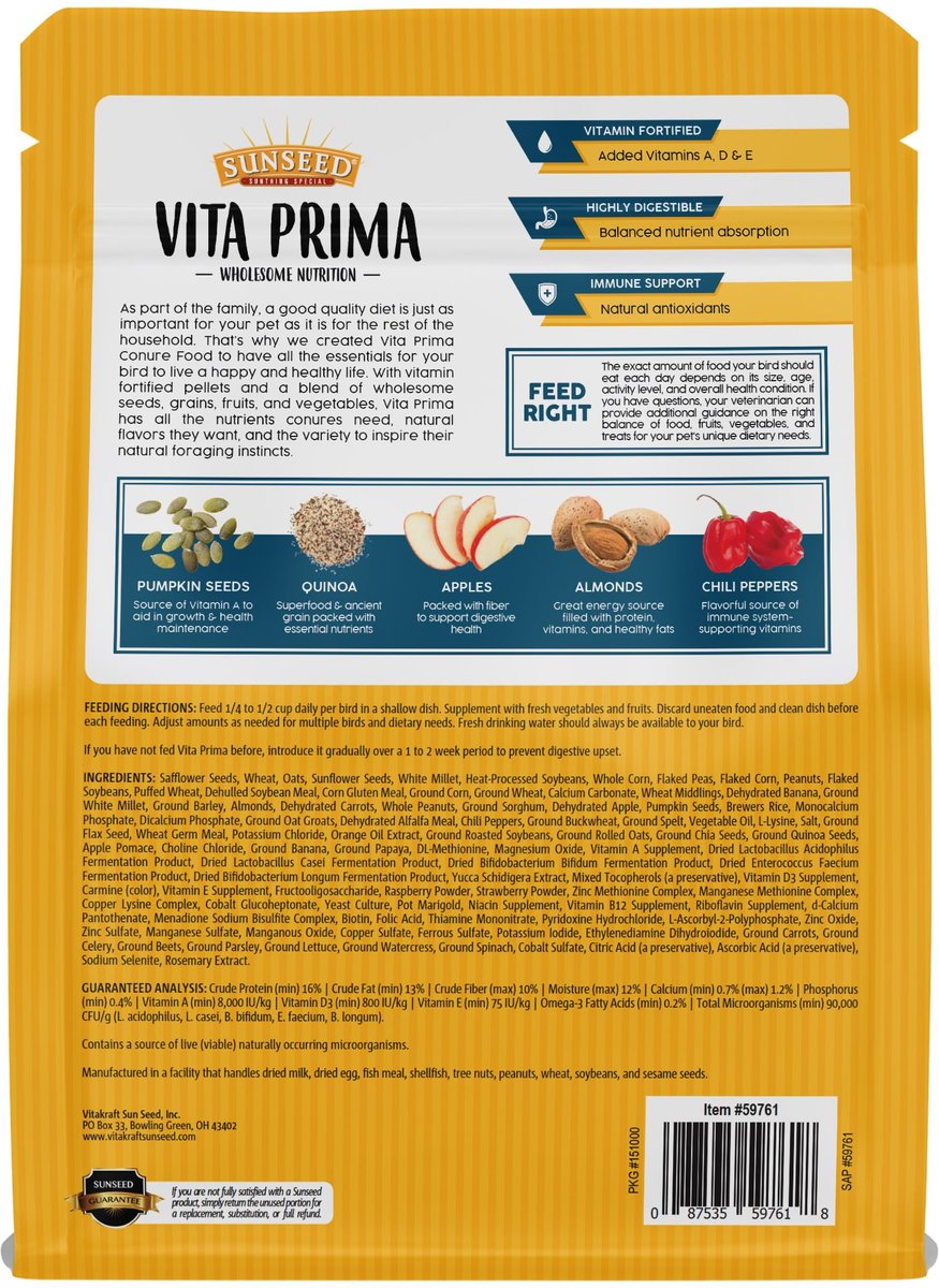 Sunseed Vita Prima Conure Food， 3-lb bag