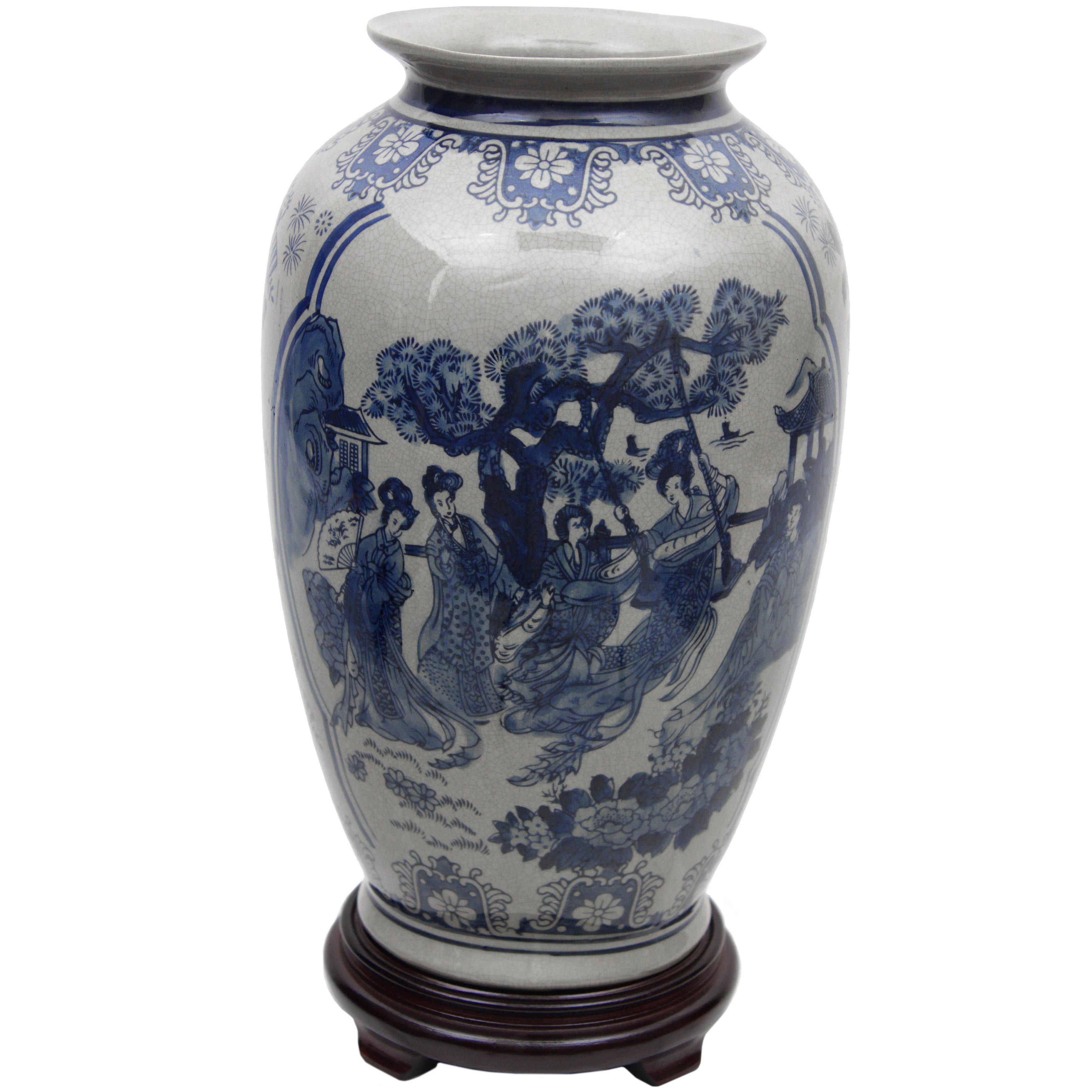 Oriental Furniture 1 4" Ladies Blue & White Porcelain Tung Chi Vase, decorative item, oriental design