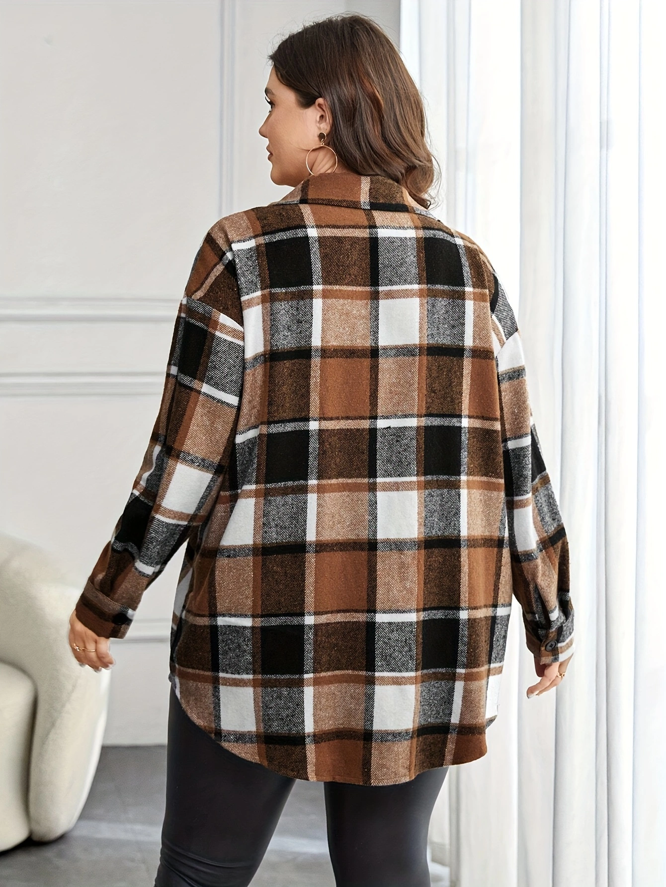 Elegant Plus Size Plaid Blouse with Lapel Collar, Button Details, and Pockets - 100% Polyester Non-Stretch Woven Fabric for Fall