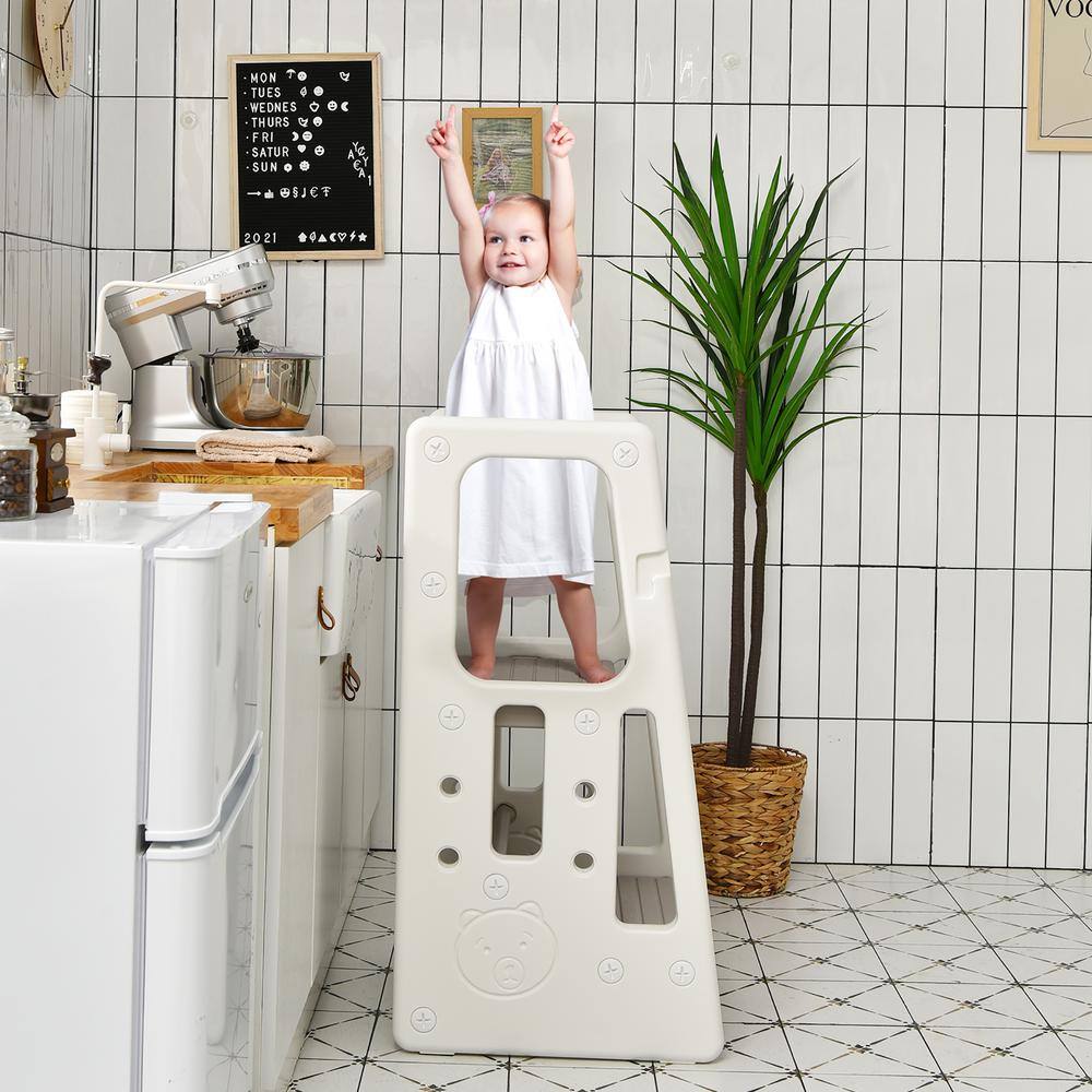 Costway Kids Kitchen Step Stool with Double Safety Rails Toddler Learning Stool Gray HY10011HS