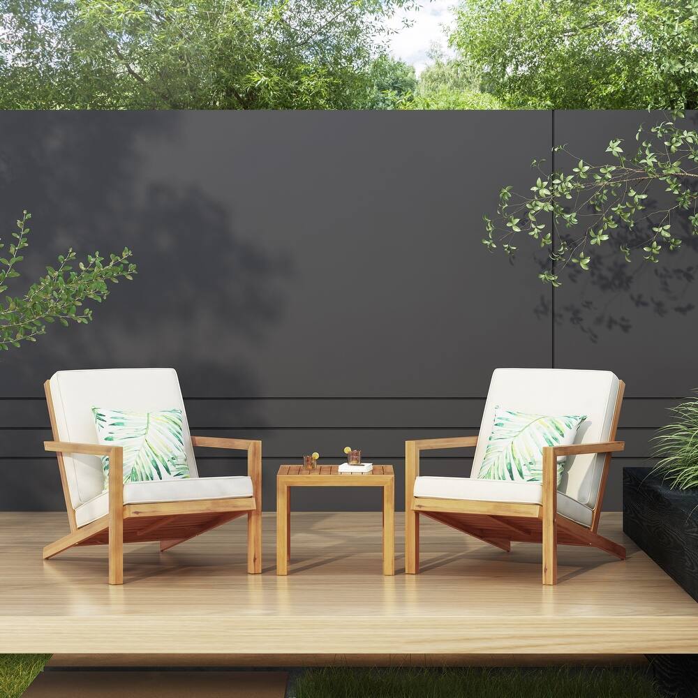Leah Outdoor 3 piece Acacia Wood Chat Set with Cushions by Christopher Knight Home