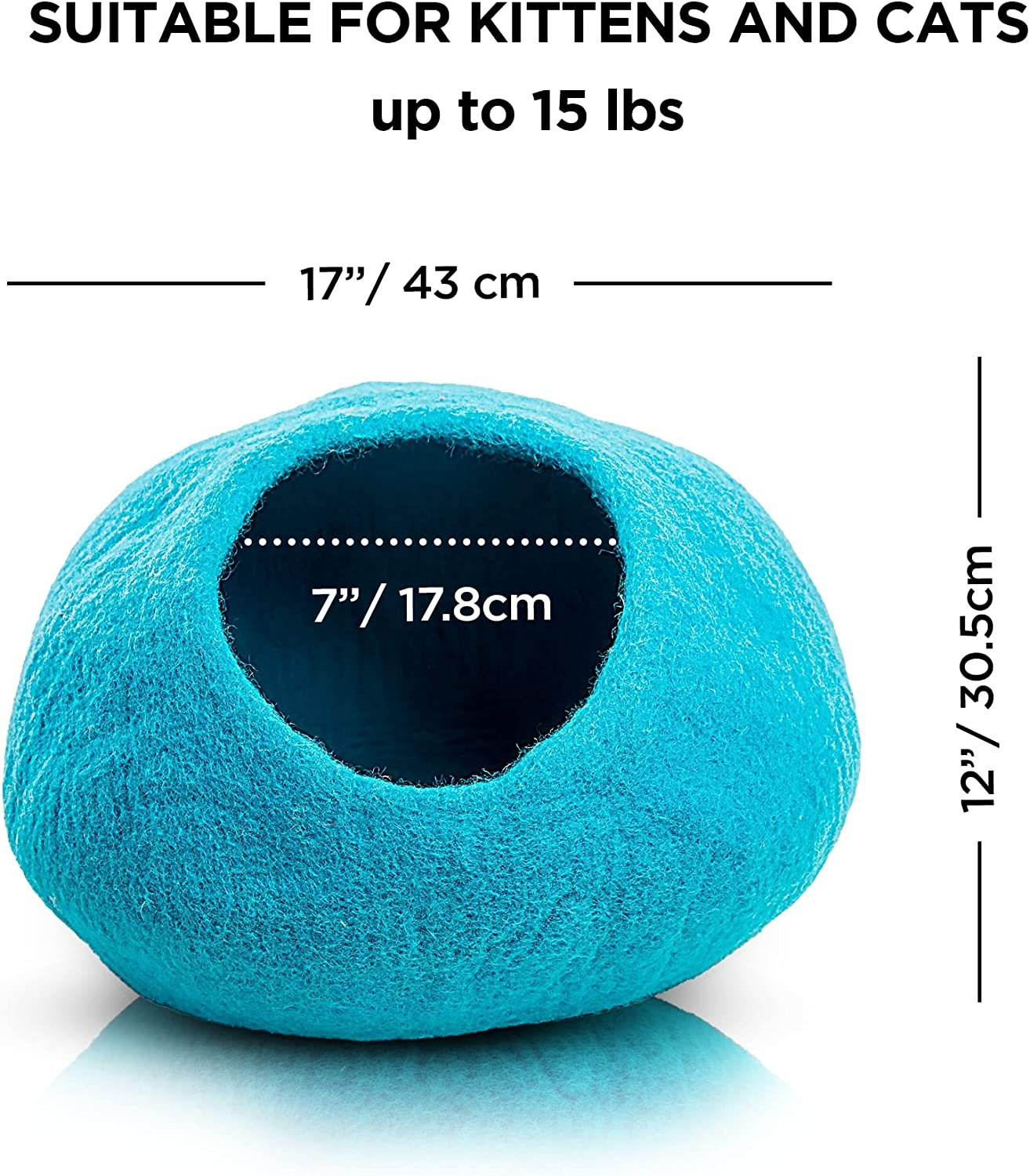 Woolygon Wool Cat Cave Bed Handcrafted from 100% Merino Wool， Eco-Friendly Felt Cat Cave for Indoor Cats and Kittens (Turquoise)