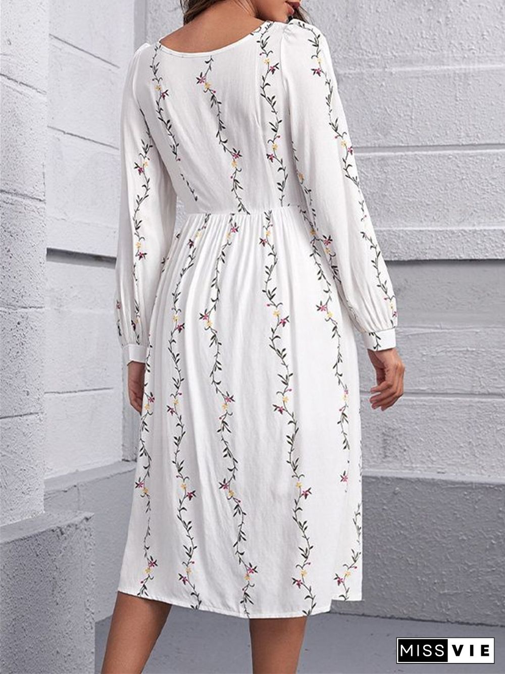 Printed Square Collar Loose Long Sleeve Dress