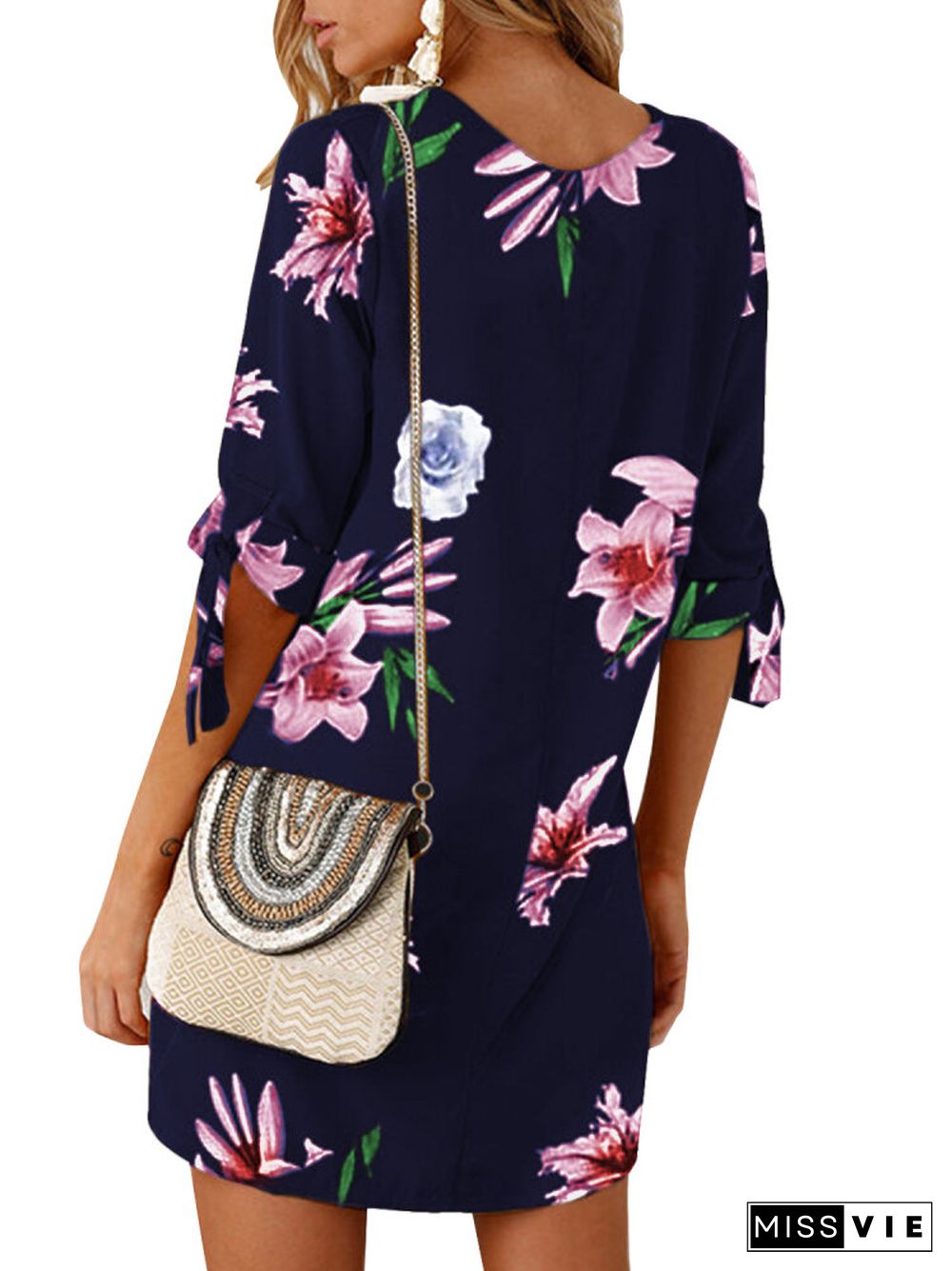 Floral Printed O-neck Half Sleeve Midi Dress