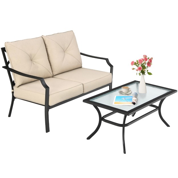 Costway 2 Pcs Patio Loveseat With Coffee Table Outdoor Sofa Bench With Cushions