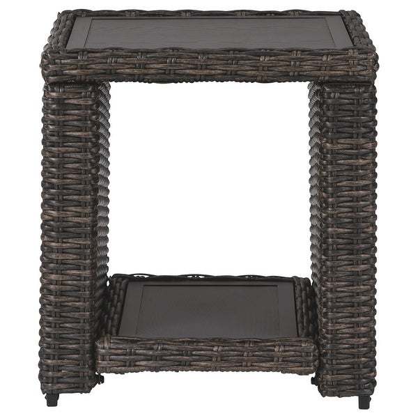 Handwoven Wicker End Table with Open Shelf， Brown and Black - 22 H x 20 W x 20 L Inches