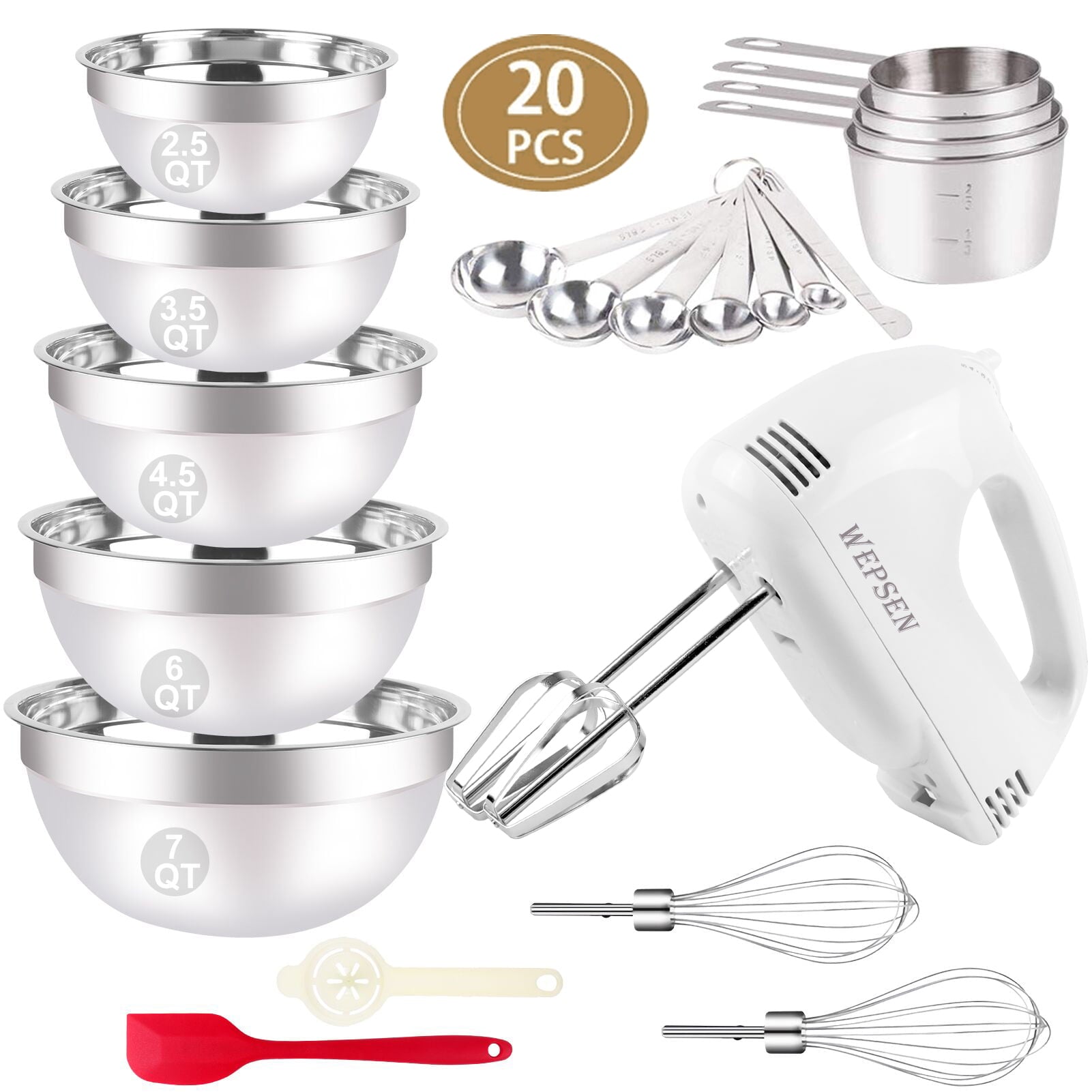 Electric Hand Mixer with Mixing Bowls Set, Hand Mixers for Kitchen, 5-Speeds Hand Mixer with Whisks Beater Stainless Steel Metal Nesting Mixing Bowl, Measuring Cups Spoons, Electric Mixers for Baking