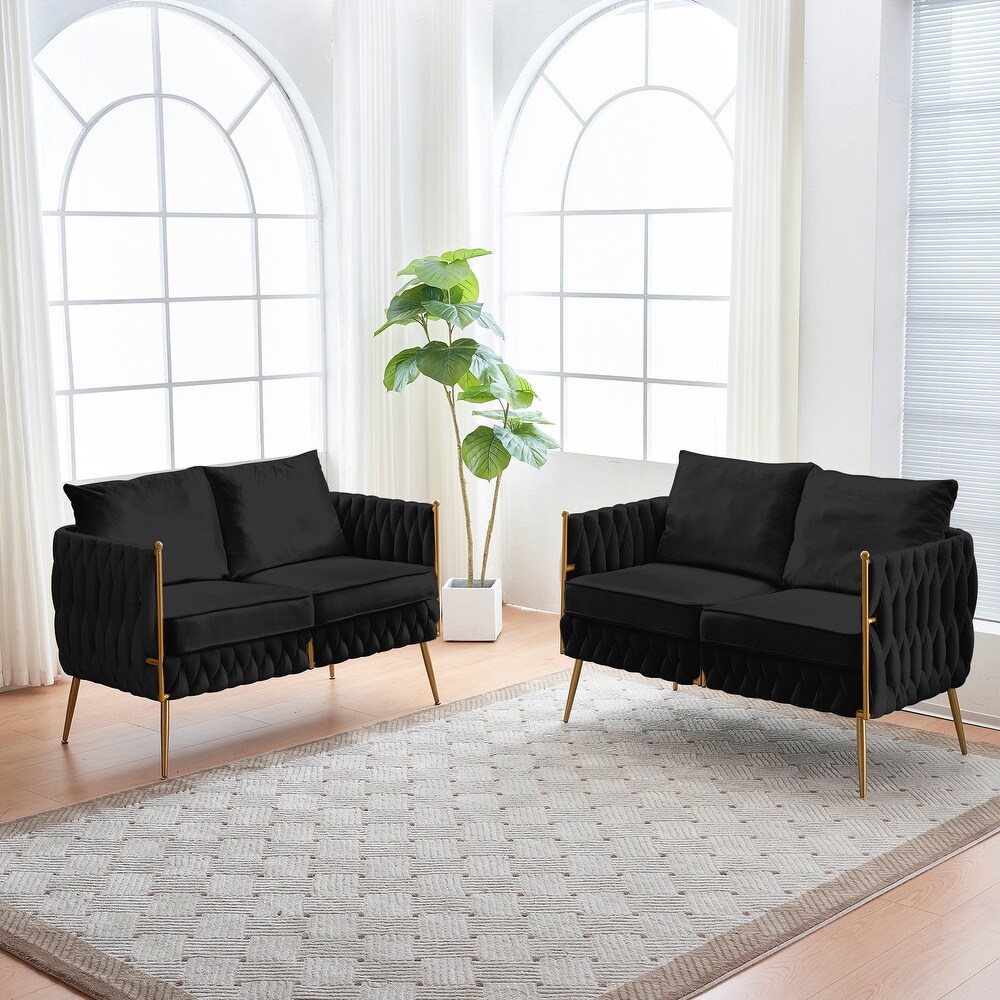 2pcs Loveseat Sofa Sets  Living Room Woven Double Chair Sofa Velvet Accent Armchair Loveseat with Thick Back  Metal Legs