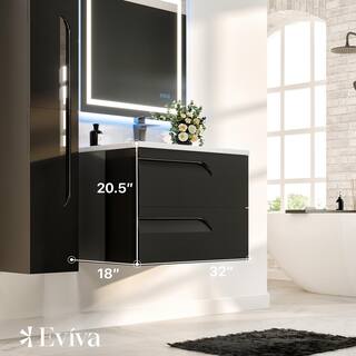 Eviva Joyous  32 in. W x 18 in. D x 22.5 in. H Floating Bath Vanity in Black with White Porcelain Top EVVN23-32BLK-WMN