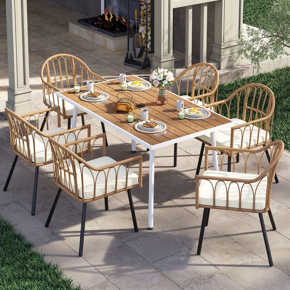 Fernald Beige 7 piece Outdoor Wicker Dining Set Patio Chairs and Table with Cushion